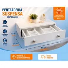 Penteadeira  Suspensa MDF Branco,, Gaveta  com Divisória Removível, Organizadoras 60x30x13