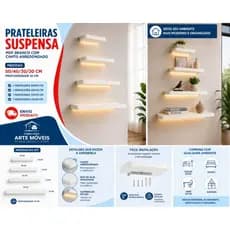 Prateleiras Suspensa MDF Branco Texteorizado com Canto Arredondado 20/30/40/50, Quarto, Sala, Escritório, Banheiro