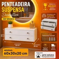 Penteadeira Suspensa MDF Branco 60x30x20 Texturizado Maquiagem Porta Jóia Organizadora