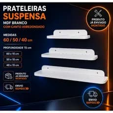 KIT 3 Prateleiras Suspensa MDF Branco Texteorizado com Canto Arredondado 40/50/60,Quarto, Sala, Banheiro, Escritório