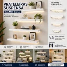 Prateleiras Suspensa Reta MDF Branco 50/40/30/20 Nicho Decoração Quarto Sala Cozinha Escritório Banheiro