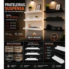 Prateleira Suspensa MDF Branco TX Decorativa, com Canto Arredondado, 40/50/60, Quarto, Sala, Banheiro, Escritório