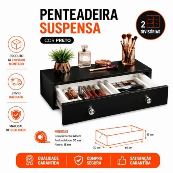 Penteadeira Suspensa MDF Preto / branco 60x30x13 Gaveta Com 2 Divisórias Removível, Quarto Decoração, Organizadora