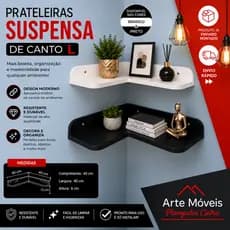 Prateleira Suspensa de Canto em L 40x40cm MDF Branco e Preto – Moderna, Resistente, Já Montada