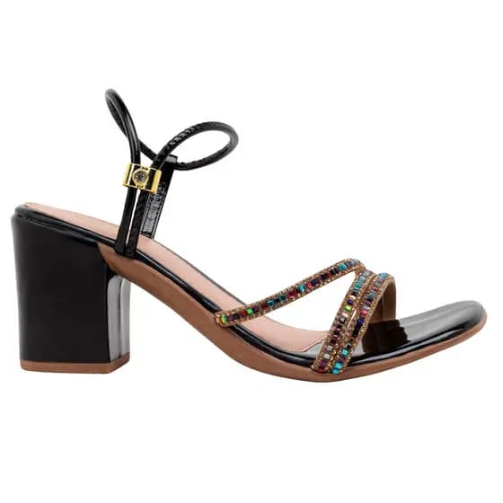 Sandália Feminina Tiras Strass Brilho Cristal Salto Grosso Médio Confortável Saltinho Fashion