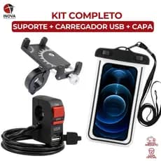 Kit Suporte Celular Ajustável de Alumínio Capa Protetora USB Botão ON/OFF GPS Para Moto e Biclicleta