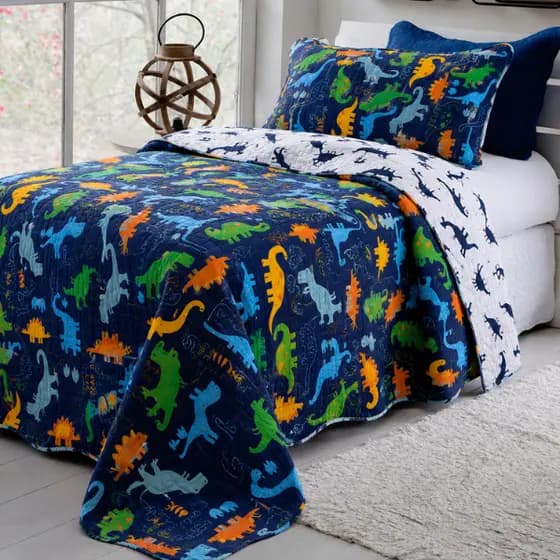 Cobre Leito Infantil Solteiro Colcha Menino Estampada Dupla Face Dinossauro Decoração Dino