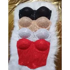 Blusa Blusinha Cropped Top Faixa Tomara Que Caia Com Bojo Brilho Paetê Várias Cores Final De Ano