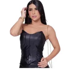 Blusa Cropped Faixa Tomara Que Caia Cirrê Corset Couro Gringa