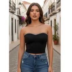 Top Faixa Feminino Tomara que Caia Varias Cores com Bojo – Cropped Justo Elegante Pedraria Strass