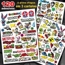 120 Adesivos Para Moto, Bike, Carro, Capacete, Notebook, copo  - Kit com 3 cartelas
