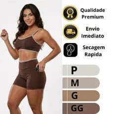 Conjuntp Fitness Academia Top e Short Forrado Bolsos Zero Transparência Treino Crossfit Corrida Yoga
