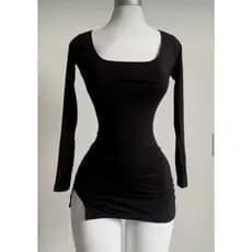 Vestido feminino com decote quadrado e fenda, manga longa  012