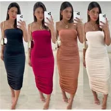 vestido feminino longo drapeado tomara que caia / moda 2025
