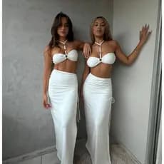 Conjunto feminino saia longa com cropped de argola  tomara que caia / estilo praia / festa  ( ELOÁ )