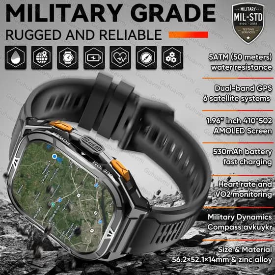 Novo GUHUAVMI TANK X5 SmartWatch MIL-STD-810H Robusto IP69K 5ATM L1 + L5 GPS 1.96 " Amled Compass OutdoorSport Watch Par