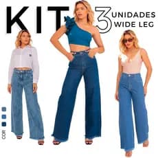 Kit 3 Calças Jeans Feminina Wide Leg Cintura Alta