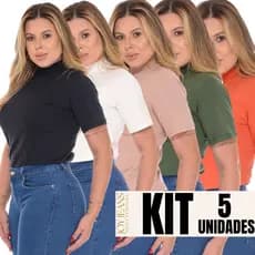 Kit 5 Blusa Gola Alta Feminina Camiseta Lisa T-shirt 100% Algodão