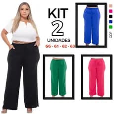 Kit 2 Calças Pantalona Plus Size Duna Feminina Cintura Alta