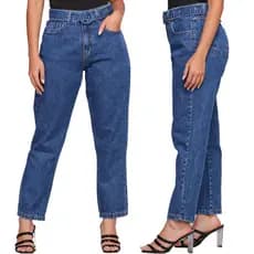 Calça Mom Jeans Feminina Com Cinto E Fivela Encapada Levanta Bumbum Cintura Alta Sem Lycra Lavagem Escura