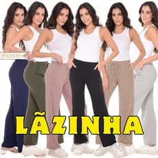 Calça Pantalona Feminina Com Bolso Cintura Alta Tecido Lanzinha