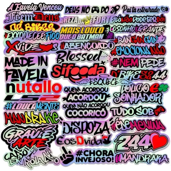 Super Kit 50 Adesivos Frases Holografico Carro Moto Bike Bag Caderno Notebook Sticker Cartela