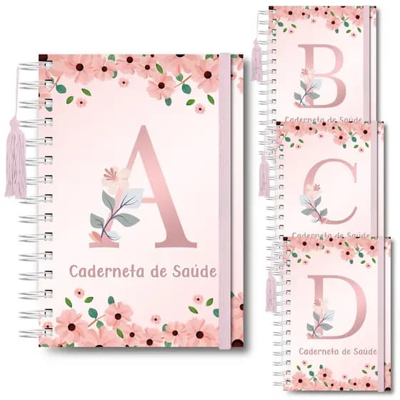 Caderneta de Vacinação Caderno de Saúde Menina Iniciais Alfabeto Capa Dura 118 Páginas Floral Rosa