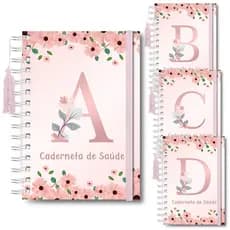Caderneta de Vacinação Caderno de Saúde Menina Iniciais Alfabeto Capa Dura 118 Páginas Floral Rosa
