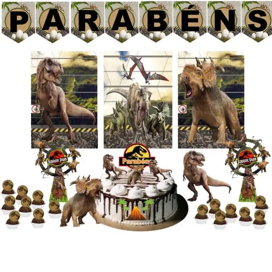 Kit aniversario decoração completa + topo bolo centro de mesa Dinossauro Jurassic Park festa monta facil