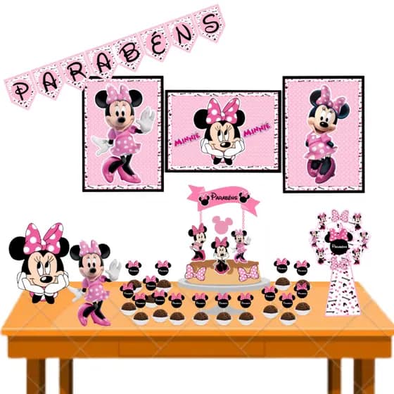 Kit monta facil Minnie Rosa decoração aniversário festa em casa mesversario