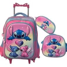 Kit Rodinha Mochila Escolar Stitch 3D  Estojo E Lancheira Térmica