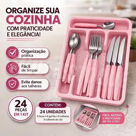 Jogo Talheres 24 Peças Rosa com Organizador Gaveta