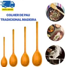 Colher De Pau Tradicional Madeira Kit Com 4 Unidades Ou Individual Resistente Utensilio de Cozinha