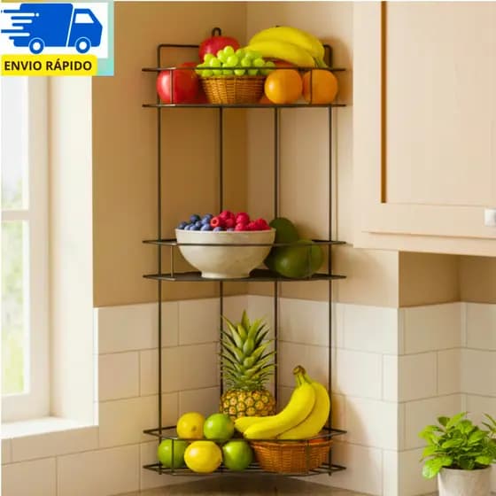 Fruteira Cantoneira de Chão Tripla Organizador Multiuso Aramado Cozinha Cesto Suporte de Canto Forte
