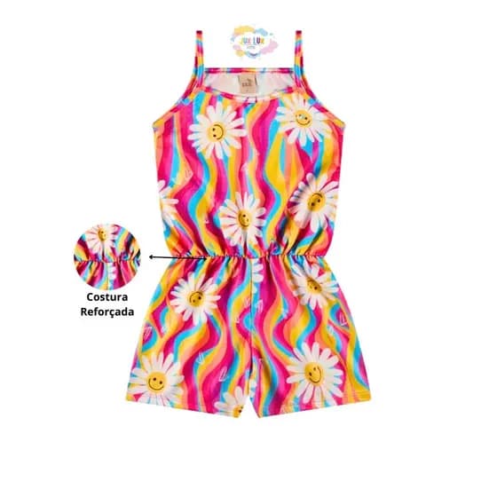 Macaquinho Infantil Juvenil Menina Crepe Estampa Margaridas Verão