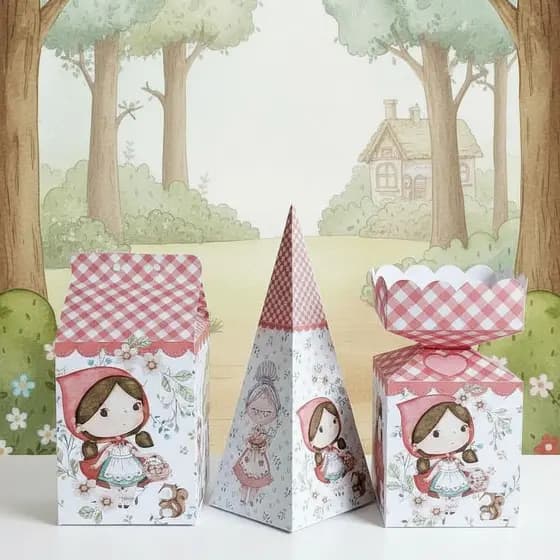 Kit Festa Chapeuzinho Vermelho Lembrancinha Pegue e Monte Caixa Milk, Meia Bala e Cone Piramide