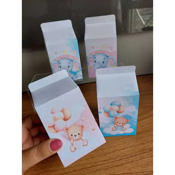 Caixas Milk Ursinho e Elefantinho Aquarela Chá de Bebê, Chá Revelação Modelo Exclusivo Pegue e Monte