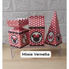 Kit Minnie Vermelha Milk, Meia Bala e Cone Pirâmide Exclusivos Pegue e Monte Festa Fácil