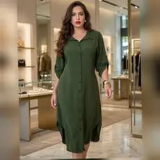 Vestido Femenino longo, Plus Size , Chemise Longo Con Botões, Manga 3/4 Tecido Viscolinho,Casual