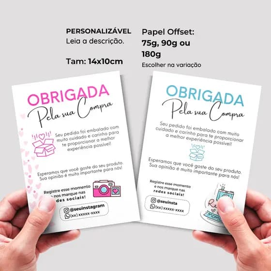 Cartão de Agradecimento ao Cliente Personalizado 14x10 para loja, ecommerce, empresa. Obrigada pela sua compra