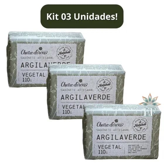 Kit 3 Unidades Sabonete em Barra ARGILA VERDE 110g Cheiro D´Ervas
