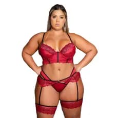 Conjunto Plus Size Com Cropped Trabalhado Calcinha fio dental e Perneira