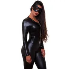 Fantasia Mulher Gato com Macacão Preto Vinil Halloween carnaval dia dos namorados garota veneno