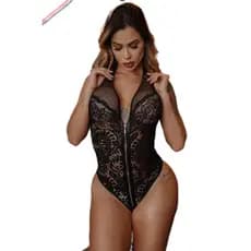 Body Renda Yasmin Preto Confortável Sensual Com Ziper dourado