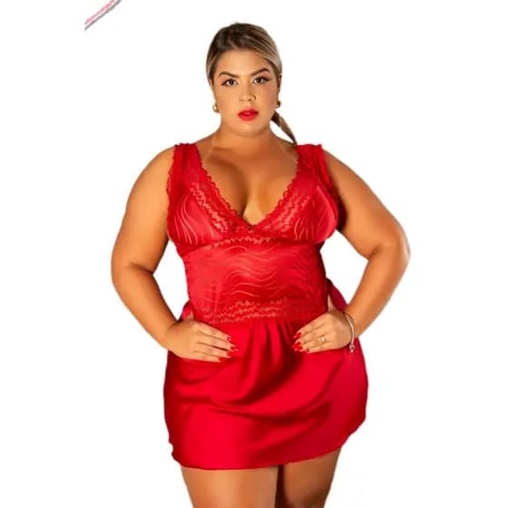 Camisola Plus Size Renda Trabalhada E Cetim Garota Veneno