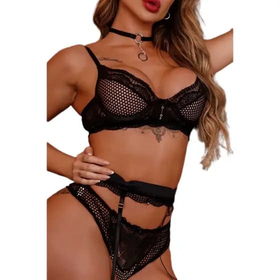 Conjunto Ousadia Preto Com Calcinha Sutiã E Cinta