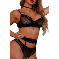 Conjunto Ousadia Preto Com Calcinha Sutiã E Cinta