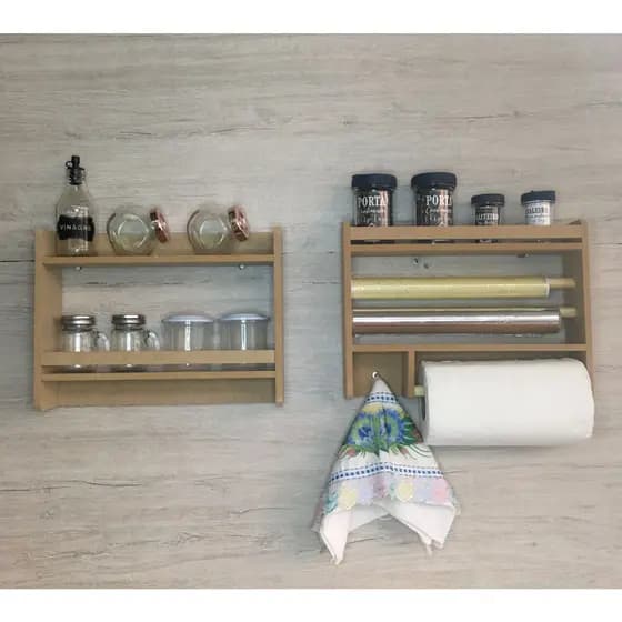 Kit suporte porta tempero organizador 3 em 1 papel toalha celofane papel aluminio prateleira parede de madeira
