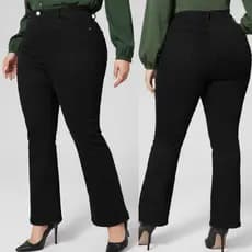 Original Calça Jeans Flare Preta Plus Size Feminina Com Elastano Cintura Alta Levanta Bumbum