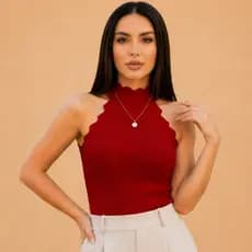 Blusa Modal Feminina Gola Alta Regata Recorte Ondulado Elegante Premium